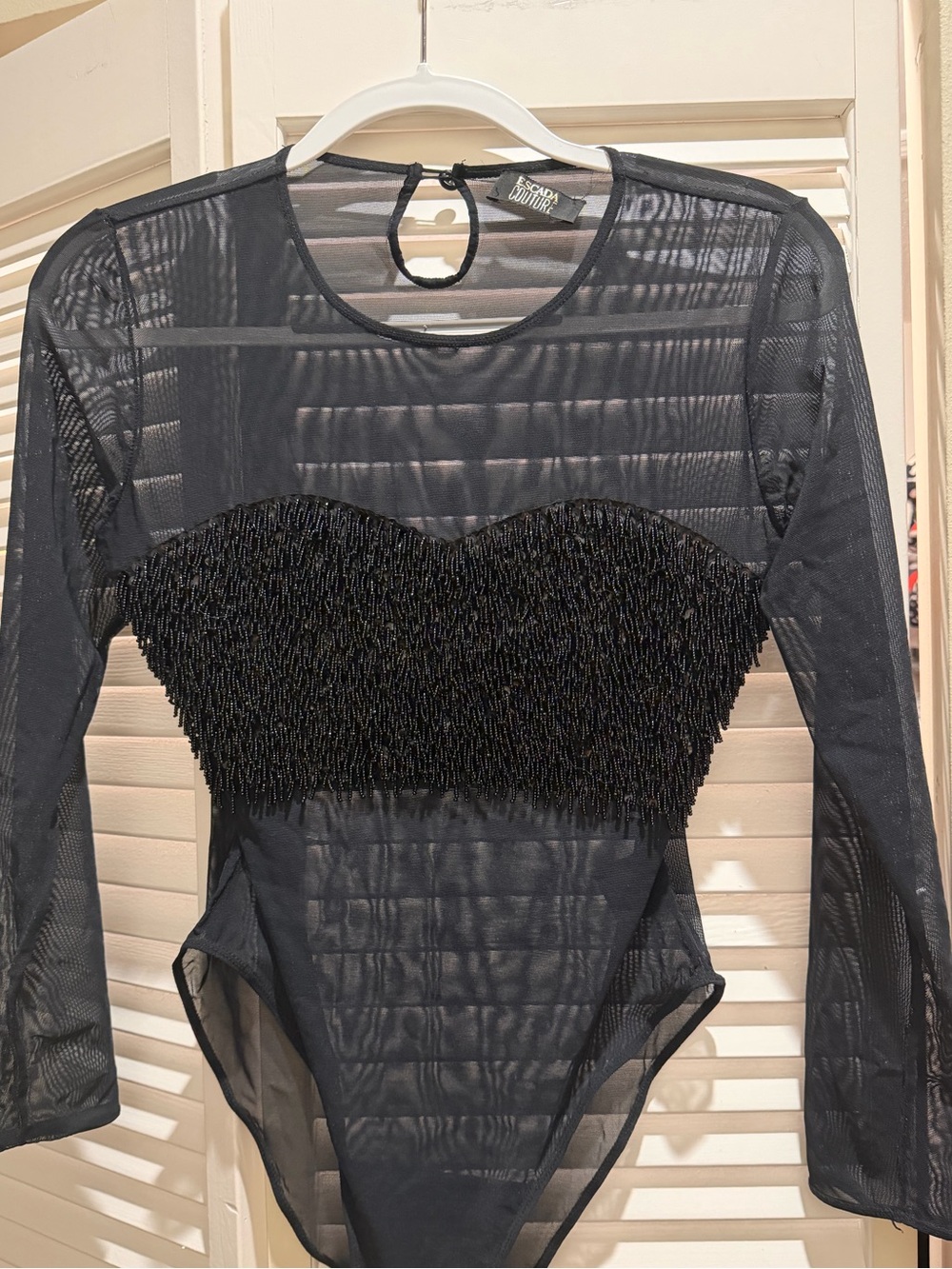 ESCADA COUTURE 
Black Sheer Beaded Long-Sleeve Bodysuit